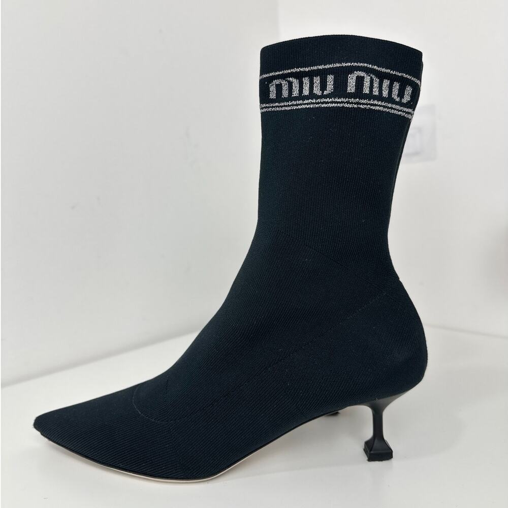 Miu Miu Kitten Heel Sock Boots Shoes Black Logo Pointed Toe EU 37.5 US 7.5